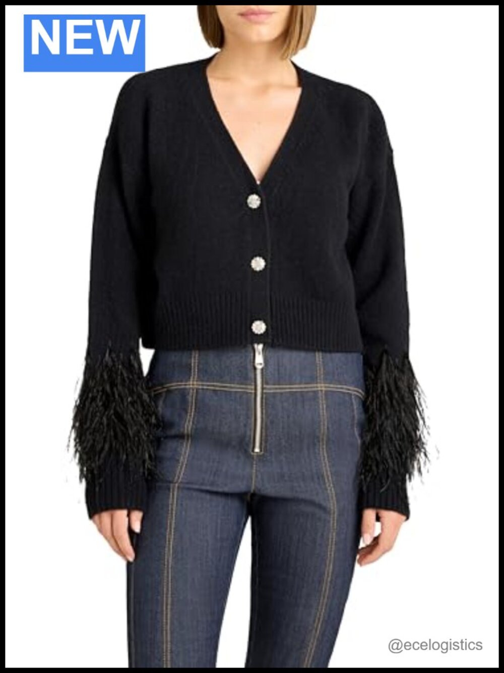 Womens Cropped Feather Cardigan Long Sleeve 70% Acrylic